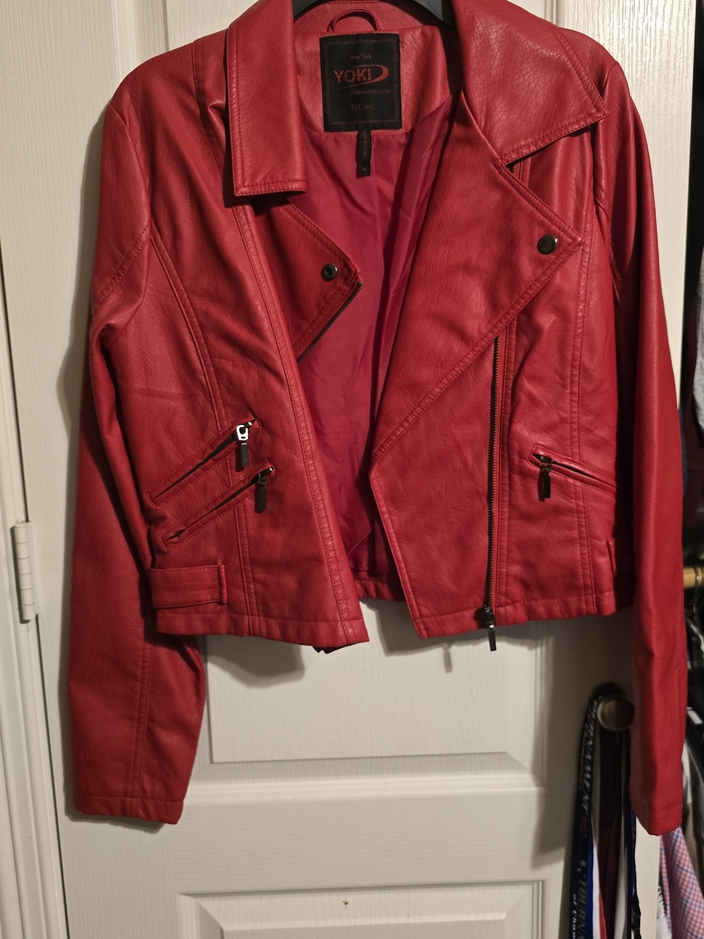 Yoki Red Faux Leather Moto Jacket Women's